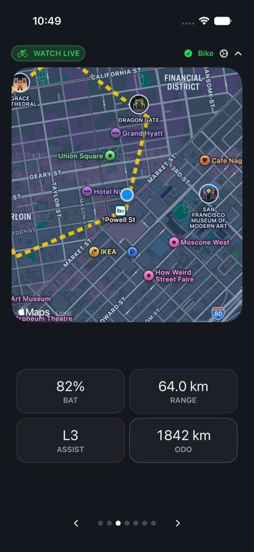 Yahride iPhone Bike Live screen with battery, range, assist, and odometer metrics
