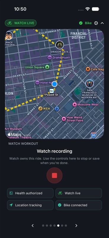 Yahride iPhone workout controls showing Watch, Health, and bike connection status